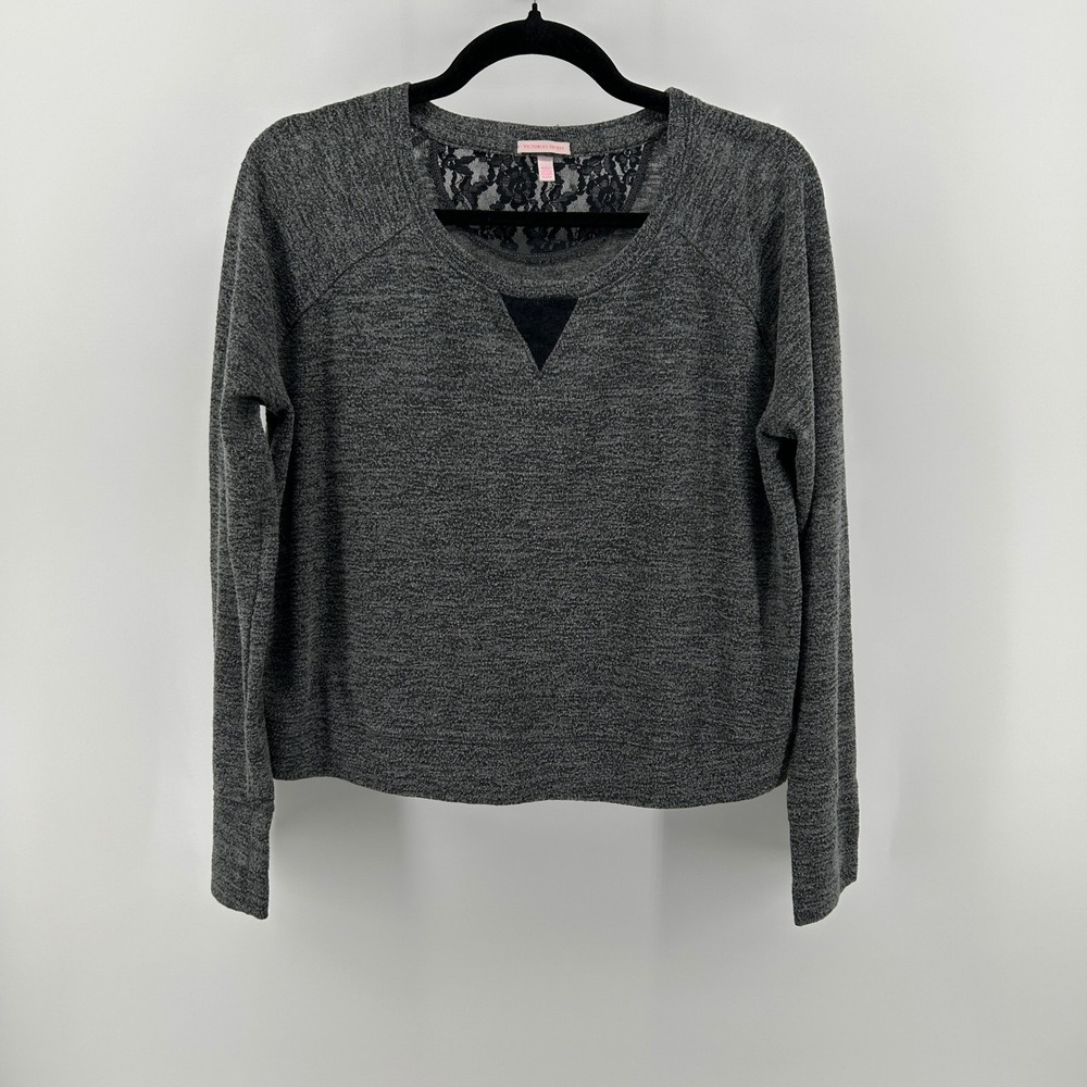 Victorias Secret Heather Gray Lace Long Sleeve Pullover Knit Top Oversized M